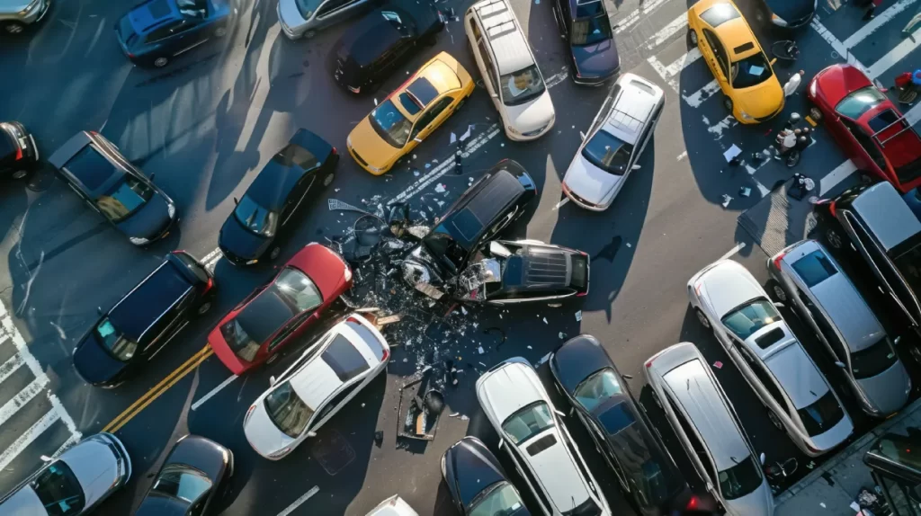Aerial view of a major car crash involving multiple vehicles at a busy intersection