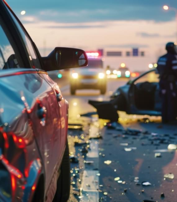 Car crash in the background with first responders